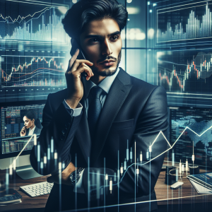 An image representing the basics of trading. Picture a business environment with stock market charts, analytical data on computer screens. In the foreground, a confident man of South Asian descent in a business suit is studying the market trends. In the background, a Middle-Eastern woman, equally professional, is in a deep discussion over phone about market strategies. The atmosphere in the room is intense yet productive.