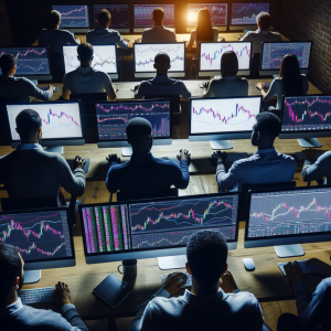 An image showing a diverse collection of novices of different descents - Black, Caucasian, Hispanic, Middle-Eastern, and South Asian - engrossed in learning trading from scratch. These individuals are sitting behind their computers, studying charts and graphs with intense focus, symbolizing free trading education. On the computer screens, there are various trading symbols, line graphs, pie charts, and other relevant financial data. Low light softly illuminates the room filled with determination and focus. The ambiance invokes a sense of hard work and perseverance.