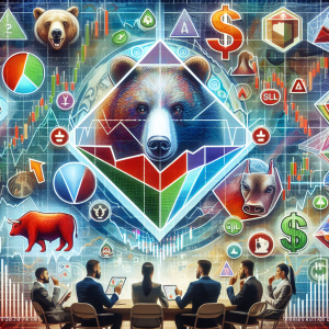 A detailed chart showcasing an 'Expanding Wedge' pattern in financial analysis. The graphic should display a surrealistic interpretation of a stock market chart with the wedge pattern prominently featured in the middle. Visual cues pointing towards trading, like buy and sell icons, a cautious red bear, an aggressive green bull are dispersed throughout the chart. A small group of multi-ethnic male and female traders analyzing the pattern and discussing possible strategies, their facial expressions reflecting a mix of concern, anticipation, and excitement, should also be included in the scene.