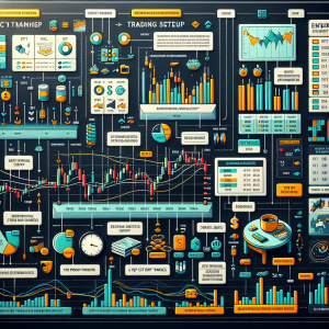 An informative diagram of a trading setup in a stock market environment. The diagram should explain both the definition and provide examples of trading setups. It visualizes candlestick charts, various technical analysis indicators such as moving averages, Relative Strength Index (RSI) and Bollinger Bands, and highlights the important factors like entry and exit points, stop losses and profit targets in the context of a trading setup. The layout is organized and the elements complement each other, creating a comprehensive and effective educational resource.
