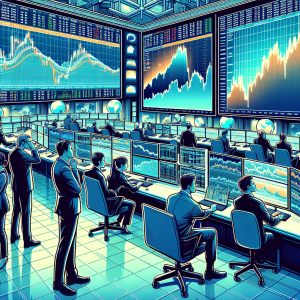 Depict a detailed scene from a bustling trading floor. Picture this: a vibrant environment with screens displaying fluctuating market charts and traders from diverse descents including Middle-Eastern, Hispanic, Caucasian, and South Asian. Both male and female traders are seen strategizing and making critical decisions given the flat market conditions. Add representation of flat trends on the data screens. The environment should emit a distinct sense of tension but also resilience. Also, include globe models and brokerage firm logos in the background to emphasize the global reach of trading.
