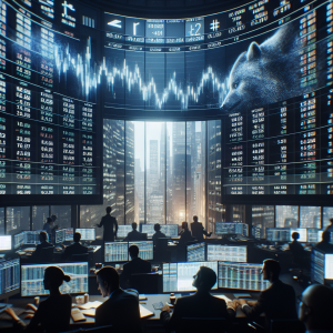 A detailed cinematic scene capturing the intrigue and high-stakes drama of the stock market. The shot includes a large electronic board displaying fluctuating figures, indicating global shares and commodities. Traders of various descents and genders, exhibiting mixed emotions reflective of uncertain market trends, are intensely focused on their computer screens. The environment is filled with dynamic energy echoing the chaotic rhythms of a financial hub, while a cityscape filled with skyscrapers, symbolic of the financial district, is visible through the window in the background.