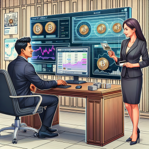 A dynamic scene in an office setting, showing interactions between multiple individuals involved in cryptocurrency transactions. There's a South Asian man in a dark suit sitting at a fancy wooden desk with a computer screen open to a dashboard showing various cryptocurrencies. Nearby, a Caucasian lady in a formal dress is holding a plastic bank card and seems to be in conversation with the man. On the desk, there's a printout displaying a step-by-step guide on how to convert cryptocurrency to traditional currency. The background walls are adorned with graphs and charts illustrating digital currencies trends.