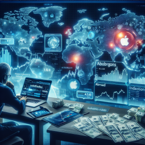 A visual representation of the process for purchasing Apple stock in Russia and abroad. In the foreground, a Russian investor is seen sitting at a desk, browsing through online platforms on a laptop in the quest for Apple shares. The screen displays charts and graphs that represent Apple's stock performance. A futuristic digital map of Russia is embedded in the background, glowing with various tech-inspired elements to signify electronic transactions. The world map in the background would signify 'abroad' and a pile of ruble banknotes lies on the desk, symbolizing investment capital.