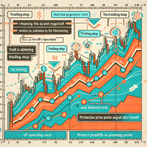A diagram explaining the concept of a trailing stop in finance. It depicts the rise and fall of a stock market chart. At the base of the chart is a line that trails the highest point reached by the stock, representing the trailing stop. There are arrows and annotations showing how the trailing stop adjusts itself and protects profits as the stock price increases. The diagram should be clear and easy to understand, with numbers and text elements clearly legible. The colors should be appealing, easy on the eyes, and differentiate different elements on the chart.