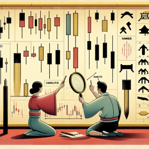 An illustration representing three different Japanese candlestick patterns: Doji, Hammer and Analysis. I: Doji - A candlestick with a narrow body in the middle and equal length wicks extending upwards and downwards, II: Hammer - A candlestick with a small body at the top and a long shadow extending downwards, resembling a hammer, III: Analysis - A collection of various candlestick patterns being analyzed by a Caucasian female and a Hispanic male with a magnifying glass. They are pointing towards a chart of these patterns on a large scroll. Everything is set in an antique Japanese trading room.