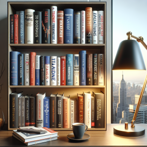 Visual depiction of an array of top trading books lined up on a sleek wooden bookshelf for beginner investors. The books should have discernible titles about trading fundamentals, market analysis, portfolio management and investment strategies. The scene should exhibit a calming study atmosphere with a warm table lamp shedding soft light over the bookshelf, and a cup of coffee nearby. In the background, there should be a large clear glass window revealing a cityscape with high-rise buildings - a subtle nod to the financial district.