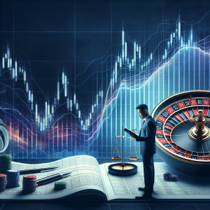 A detailed image depicting the concept of effective risk management in trading, ideal for an investment-related article. The image should contain a large graph showing fluctuations of a stock market, a set of scales in the corner representing balance, and a roulette wheel to symbolize risk. Also present should be a confident South Asian male investor examining the graph and a Middle-Eastern female investor reviewing documents on a clipboard. The atmosphere should be serious yet hopeful, illuminating the idea of constant vigilance and wise decision-making in the unpredictable world of trading.