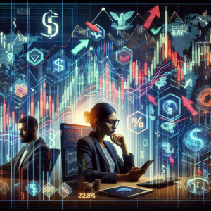 A vivid visualization showing effective scalping strategies for quick entries. The image comprises a thematic representation of the stock market, with up and down arrows, charts and graphs, some displaying a rapid increase. Financial symbols like currency signs, percentages, and ticks should be incorporated, ideally presented on a computer monitor or handheld device to represent digital trading. To add human depth to the scenario, include diverse traders: a South Asian woman and a Black man deeply engrossed in strategizing their quick moves.