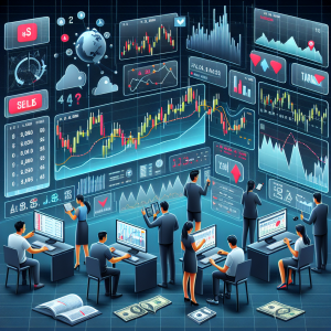 An educational graphic of a binary options trading platform in the midst of an active trade. Displayed are several analytical graphs, marked with indicators and moving averages that highlight the risk and reward parameters. Users are shown participating in real-time with their different trading decisions - buying or selling, based on the financial data. A Caucasian male is managing his trading options, an Asian woman is seen analyzing a graph of potential profits and hazards, while a Middle-Eastern trader is making a decision based on the current market trend.