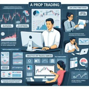 An overview of prop trading where an illustration of a Caucasian male prop trader is analysing multiple graphs and trends on his computer screens. To his side, a South Asian female trader is on a call negotiating a trading position. Key characteristics of a prop trading firm such as low latency trading equipment, financial data analysis, and high-risk management tools are also depicted. Descriptive infographics explain the workflow in a prop trading company in English, displaying terms like 'capital allocation', 'risk management', and 'profit sharing'.