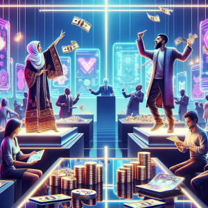 Create an image illustrating the concept of 'Most Expensive NFTs: A Review of Purchases and Sales'. This scene should depict a grand digital auction. In the foreground, a Caucasian man and a Middle-Eastern woman are engaging in a spirited bidding war. They're surrounded by an assortment of digital art displays in various shapes and colors. In the background, a South Asian auctioneer is presiding over the proceedings. The environment is sleek and modern, with neon lights reflecting off surfaces and providing a futuristic ambiance. Use a 21st century contemporary art style to represent the cutting-edge digital world of NFTs.