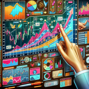 A detailed and colorful schematic representation of the ADX trend indicator being used in forex trading. Props may include a digital screen showcasing line graphs with applied ADX, a hand of a Caucasian woman trader pointing towards the rising trendline, annotated explanations to illustrate the principle of its working, and a desktop filled with trading tools such as charts, spread sheets, and calculators. Corresponding numbers and arrows on the charts with a guide on the side may be included to break down complex data and showcase the application of ADX in an easy, understandable manner.