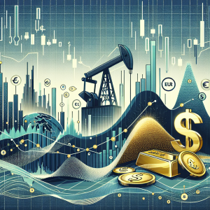 Create an illustration for an article featuring a short-term forecast on oil, gold, and EUR/USD. Picture an abstract financial landscape with fluctuating graphs and bar charts with symbols and icons related to oil (an oil rig), gold (a gold nugget or bar), and the EUR/USD currency pair (€ and $ symbols). Add vague numerical figures to illustrate the concept of market analysis and forecasting. The overall color scheme should reflect seriousness and authority, perhaps with shades of blue and grey, punctuated by the golden hue for gold and green for the EUR/USD currency pair.