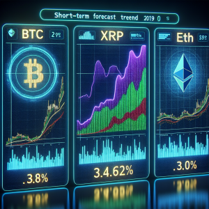 An illustrative image of a digital display showing short-term forecast trends for digital currencies BTC, XRP, ETH. The display is divided into three sections, each dedicated to a different currency. Each section has vibrant line graphs, that signify market activity and predictions. The lines on the graph dramatically rise and fall, representing the volatility of cryptocurrency markets. Along with the graphs, numerical data and percentages are displayed to provide further insights. The color palette is predominantly blues and greens, blending seamlessly with the shine of the digital display.