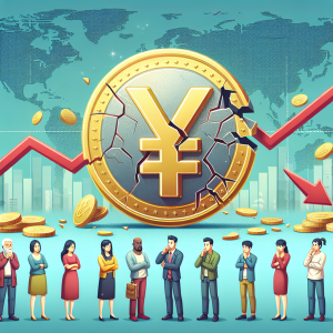 An illustration showing the concept of yuan devaluation. A large, 3D model of a yuan coin in the center, cracked with various pieces falling apart implying devaluation. Surrounding the coin are diverse individuals representing investors of different genders and descents, such as Caucasian, Black, Hispanic, Middle-Eastern, South Asian. They display perplexed, worried and contemplative expressions, studying the falling yuan. A stylized graph behind them, showing a downward slope, symbolizing the decrease in value. The scene is set against a backdrop of a global map, emphasizing the worldwide impact of the currency devaluation.