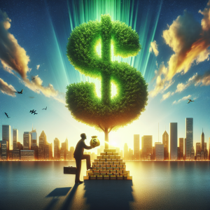 Render an image of a symbolic representation of the US dollar growing like a green, vibrant tree under a bright skyline, with a shadowy silhouette of a figure placing golden bricks at the base of the tree, representing investments. The background should be a grand city landscape hinting at the year 2023, perhaps with futuristic elements or signs. The sky should transition from a sunrise on the left to a sunset on the right, indicating the passage of time in the year. Do not include any numerical year labels or logos.