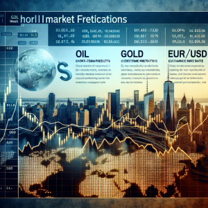 Visualize a financial report front page emphasizing on the short-term predictions for oil, gold, and EUR/USD exchange rate for the upcoming week. Display these three elements prominently with trend plots or diagrams. On the side, include a cityscape panorama symbolizing the global market considerations involved in these forecasts. Avoid the addition of any specific people or identifiable landmarks in the image. Make sure the image conveys a sense of anticipation for the economic changes predicted for the week.