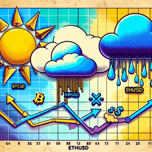 Generate an image that illustrates a short-term forecast for BTCUSD, XRPUSD, and ETHUSD. The image should include three different weather-like symbols representing each currency: a sun for BTCUSD, clouds for XRPUSD, and rain for ETHUSD. The symbols should be positioned over a map-like graph that loosely resembles a financial chart, with time on the x-axis and price on the y-axis. The image should be vivid and symbolic, to interpret the financial prediction of these cryptocurrencies in a metaphorical way.