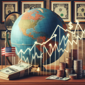 Anchored by a large travel globe in the center, hand-drawn arrows interconnect various continents, representing global markets. On one side, a stacked pile of fluctuating line graphs representing the instability of the US dollar. This is contrasted by a few international flags symbolizing different countries. All elements are placed on a large wooden desk with a magnifying glass focusing on the US on the globe. The background showcases a wall with framed pictures of vintage bank notes.