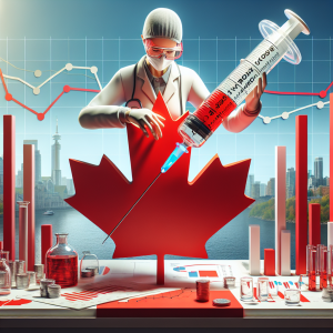 A scene symbolizing the economic resurgence of Canada, conveyed through the metaphor of a vaccination. An individual of unknown gender, White descent, is injecting a huge stylized syringe labelled 'Economy Boost' into a 3D model of a majestic maple leaf. Surrounding are bar graphs and charts showing a rising trend. The individual wears safety goggles, lab coat, and latex gloves. In the background, there is a wide angle view of a city skyline with Canadian landmarks visible. The overall colors are red and white, symbolizing the Canadian flag.