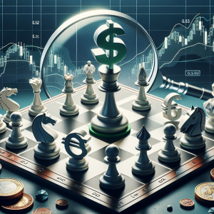 A visualization of a chess game with chess pieces representing different currencies. In the center, a dollar-themed king is making a move, representing the gambit. Various other pieces, representing currencies such as the euro, yen, and pound, are strategically positioned on the board. Above the board hovers a magnifying glass, symbolizing analysis, focusing on the dollar king's move. The background features a stock market graph with ups and downs, signifying the varying currency exchange rates.