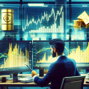 An image that captures the concept of a short-term forecast for oil, gold, and the EUR/USD currency pair. Depict a financial analyst of South Asian descent at work. The analyst should be looking at three computer screens, each displaying different graphs. The first graph should represent the fluctuating value of oil, with a black line graph against a white background. The second should showcase a gold bar chart with shades of yellow and gold. The last screen should show a pie chart representing the EUR/USD currency pair, half of the pie being blue (for Euro) and half green (for Dollar). The scene should be set in a modern, busy office environment.