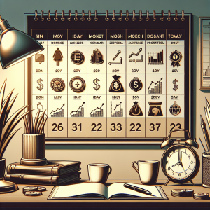 Illustrate an image showing a calendar with the dates highlighted in bold where important economic events are happening. Iconic symbols representing economic ups and downs such as graphs, money symbols, financial reports, and clocks for time-sensitive events should be depicted. The overall ambiance of the room where the calendar is placed should convey professionalism, with elements like a sleek wooden desk, a stylish lamp, and perhaps a classy leather chair. Please use soft, sophisticated colors to set a serious tone.