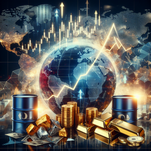 An image showcasing a montage of elements related to short-term forecasting. This includes barrels of oil; gold bars or nuggets; and a graph trend line showing the EUR/USD exchange rate. The scene is set against a background of a world map or global financial market scene, perhaps revealing a dynamic, swirling data cloud representing the interconnected world of global finance. Elements in this collage may be semi-transparent or have arrows, upward or downward, overlaying them to show the concept of change, flux, and volatility in these elements. All these are supposed to denote commodities trading outlook.