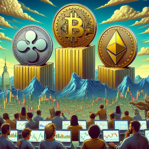 A detailed illustration featuring three monolithic structures: a huge golden Bitcoin logo, a silver Ripple (XRP) symbol, and a bronze Ethereum (ETH) cipher. They're each looming over a sea of concerned and hopeful investors from different descents and genders who are wrestling with laptops and smartphones for analyzing short-term market forecast. In the distant background is a skyline of a financial district under a dynamic, cloudy sky symbolizing volatility. Overlaying this scene are cropped snippets of line and bar graphs, candlestick charts, and other trading indicators.
