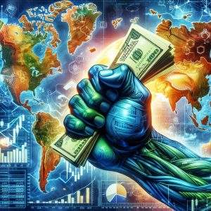 Create a vibrant detailed image of a muscular hand, symbolizing strength, tightly gripping a bright green dollar bill against a global map background. Include components such as stock market graphs, charts, and symbols to manifest the idea of investment. Ensure the mood is about contemplation and strategy, with an uplifting tone suggesting secure and prosperous investments.