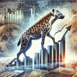 A depiction of an investing theme, showing a metaphorical hyena (representing strength) standing on a graphic of a rising stock market chart. The hyena appears powerful and poised, symbolizing the strengthening of the market. Around the hyena and the chart, there are various investing tools such as charts, graphs, and calculators, hinting at the analytical aspect of investing. In the background, there's a world map subtly implying the global impact of these financial changes.