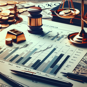 Depiction of a financial report on a desk, containing bar graphs and line charts that focus on the short-term forecast for oil, gold, and the EURUSD exchange rate for the upcoming week. The bar graphs show fluctuations in oil and gold prices, while the line chart represents the EURUSD's volatility. Nearby are a set of traditional scales, representing the balance of trade, with small gold bars and oil barrels on one side and euros on the other. A calendar for the current week is also present on the desk, pointing to importance of time in these predictions.